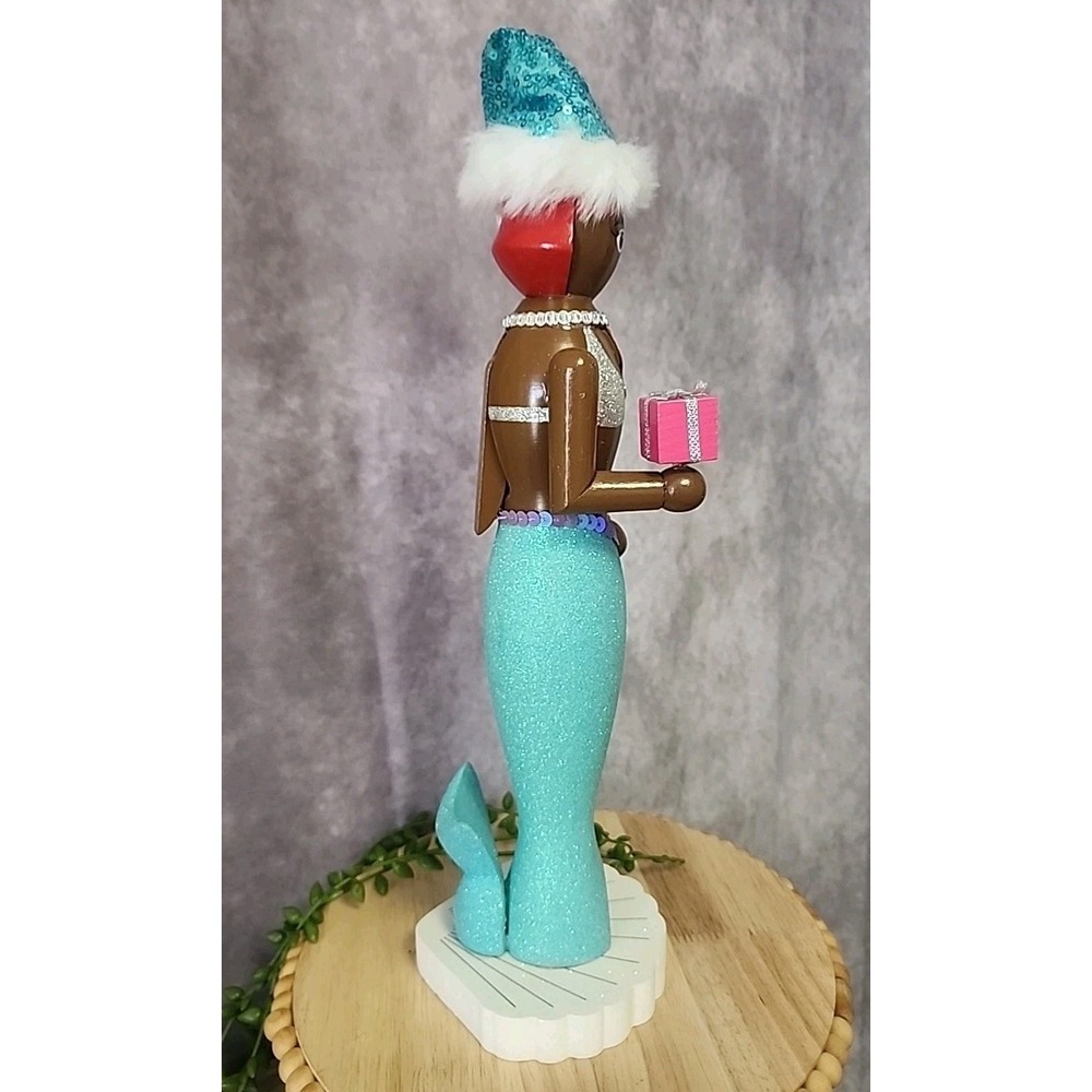 Mermaid Nutcracker African American Coastal Aqua Blue Santa Hat 15" Christmas - Picture 7 of 7